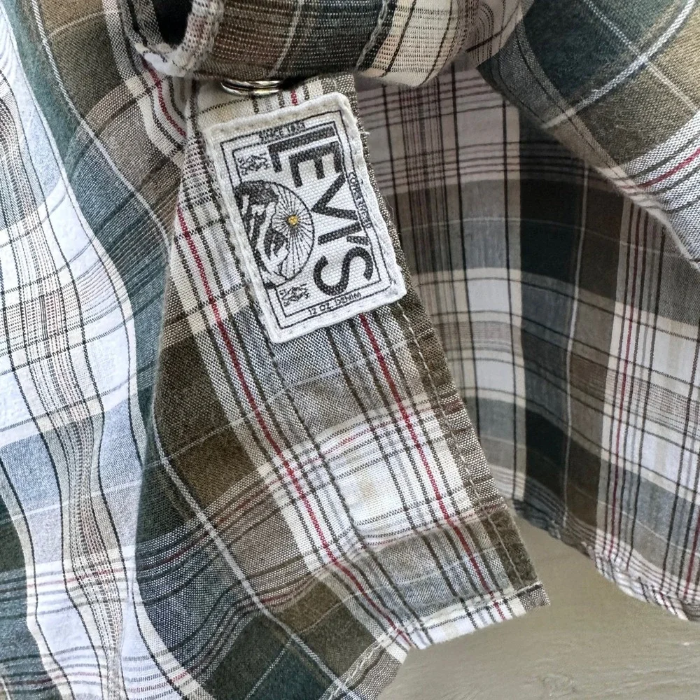 Levis Mens Size Medium Western Plaid Snap Front Shirt Olive Green Long Sleeve M